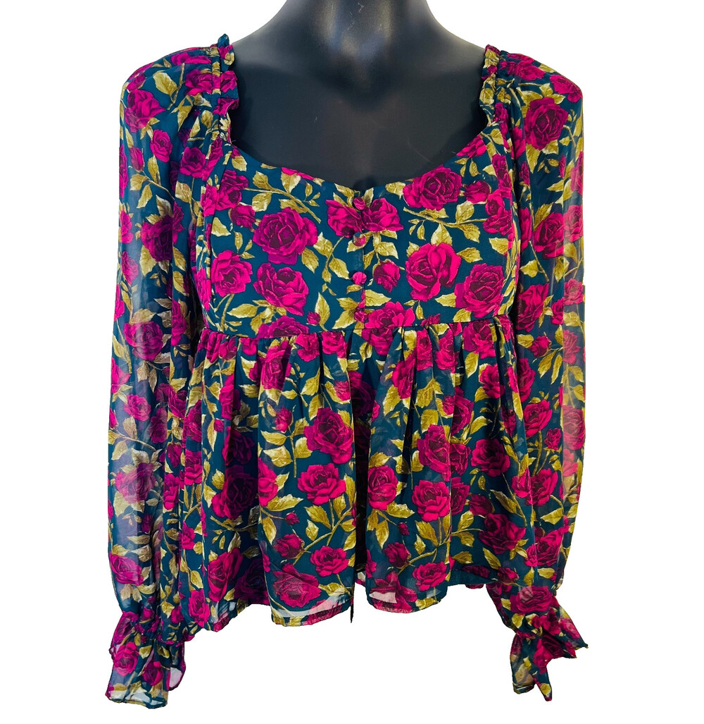 Blu Pepper - Blouse Women's L Babydoll Peplum Square Neck Floral Ruffle Cuffed